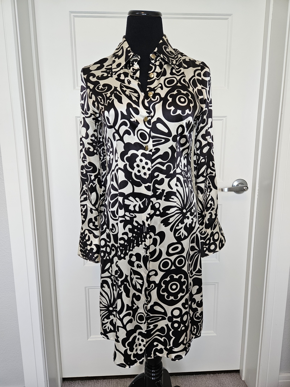 BCBGMaxAzria Black and Cream Floral Shirt Dress